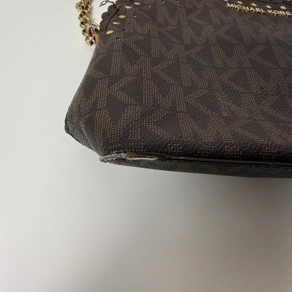 Michael Kors Signature Monogram Scallop Studded‎ Crossbody Bag Brown
